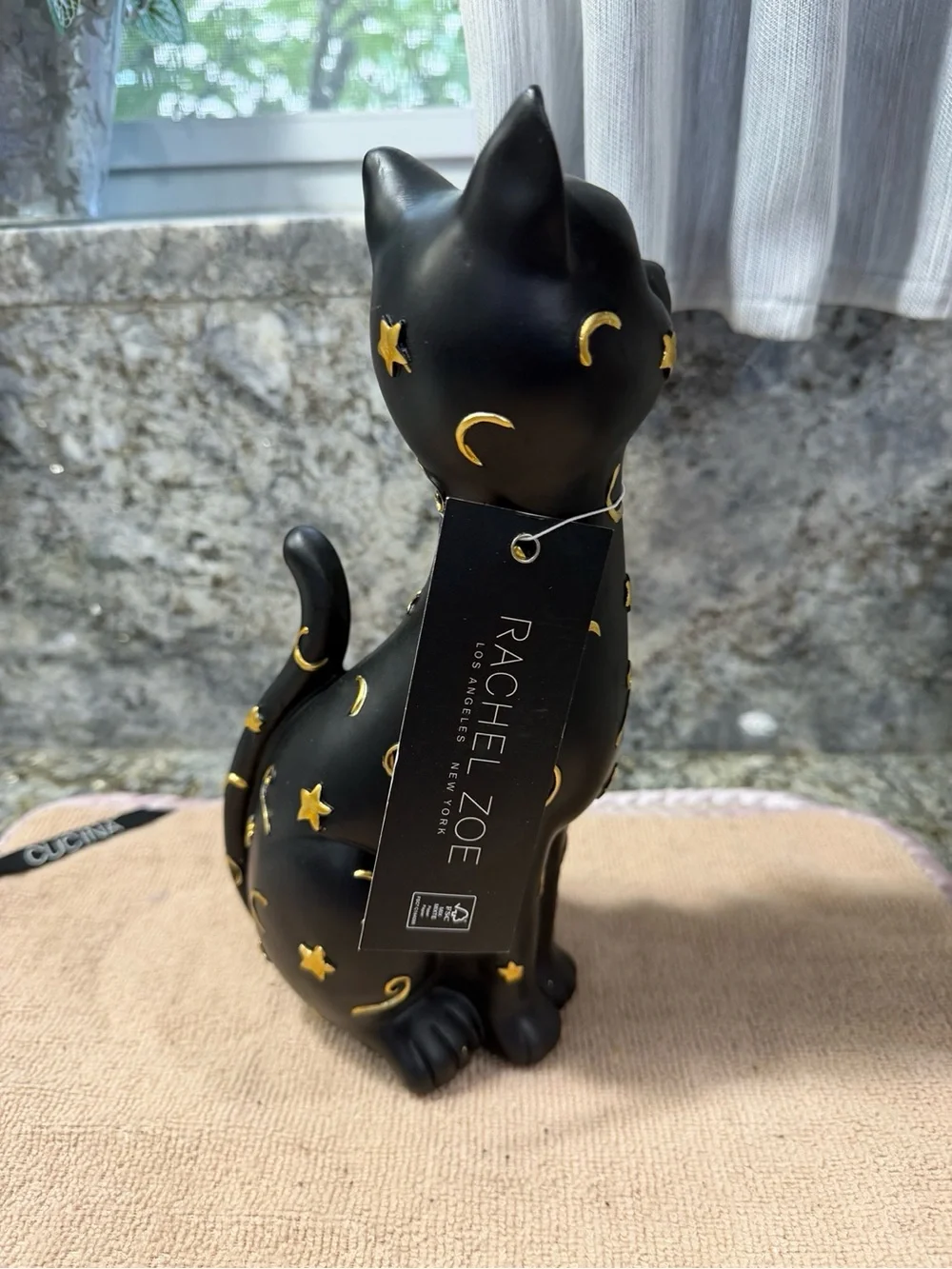 NWT Rachel Zoe Black Cat Halloween Figurine Gold Moon Stars Spooky Decor